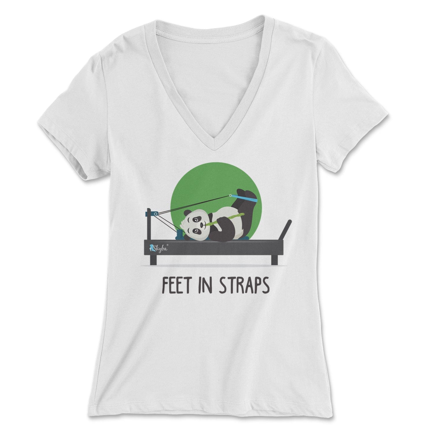 "Feet in Straps" Panda on the Reformer - Women's V-Neck Tee Skyba Print Material