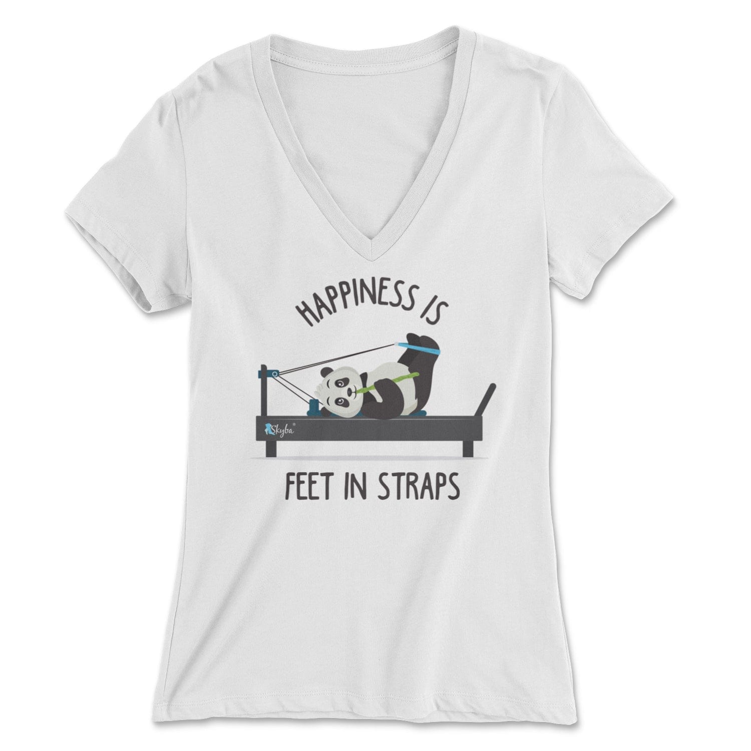 "Happiness is Feet in Straps" Panda on the Reformer - Women's V-Neck Tee Skyba Print Material
