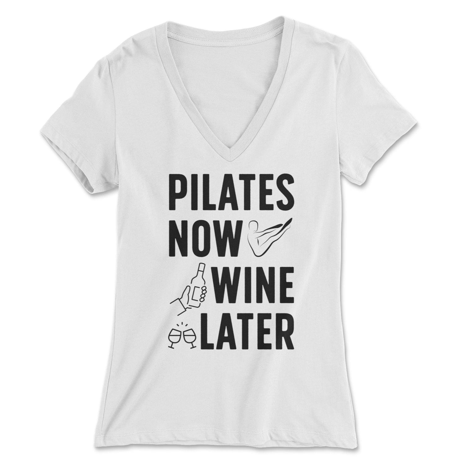 "Pilates Now Wine Later" - Women's V-Neck Tee Skyba Print Material