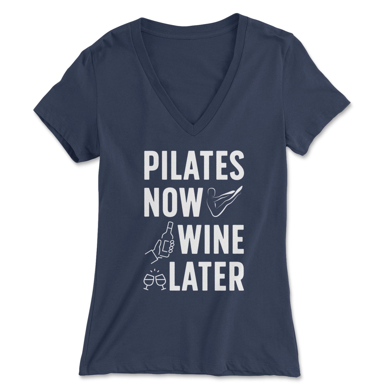 "Pilates Now Wine Later" - Women's V-Neck Tee Skyba Print Material