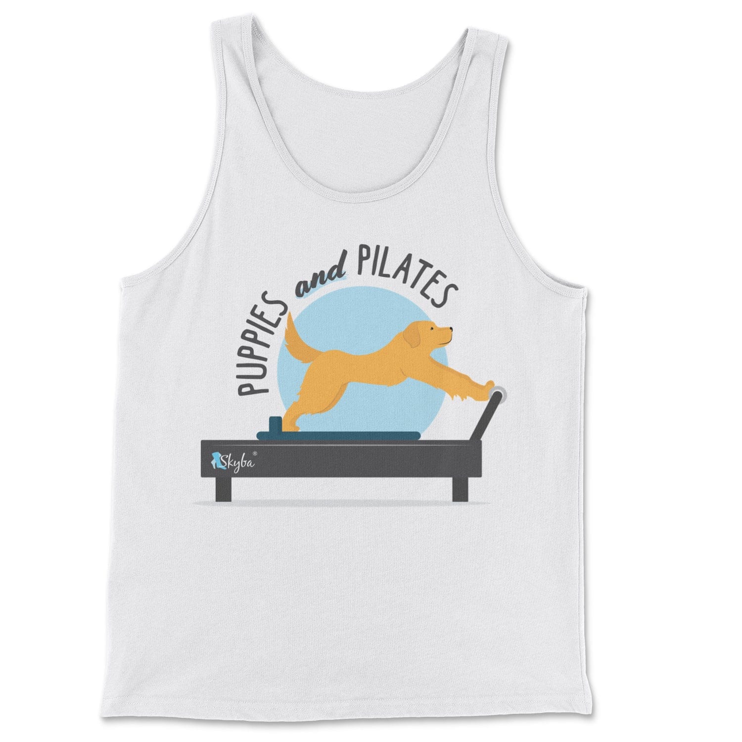 "Puppies and Pilates" Golden Retriever on Reformer - Classic Tank Skyba Print Material