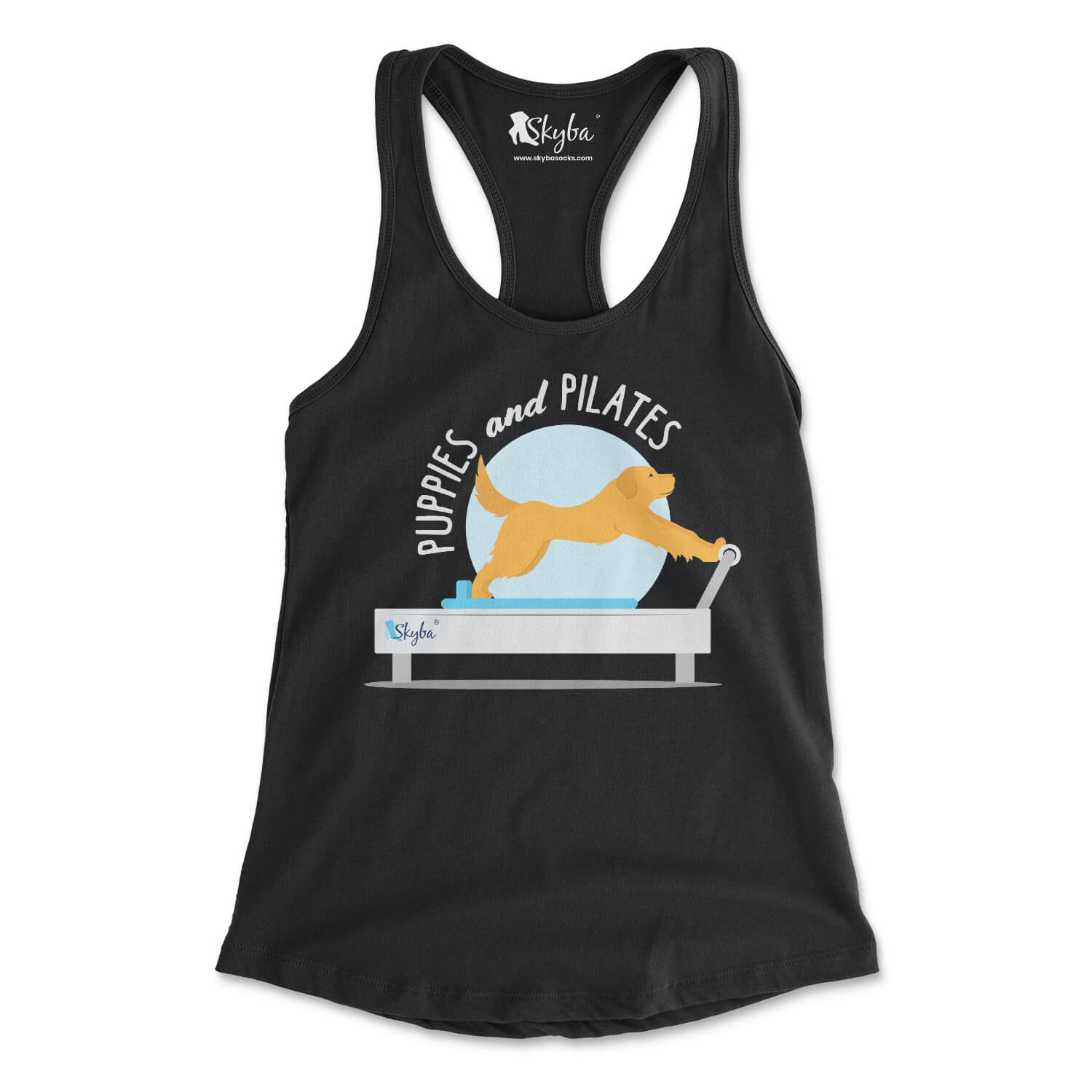 "Puppies and Pilates" Golden Retriever on Reformer - Women's Slim Fit Tank Skyba Tank Top