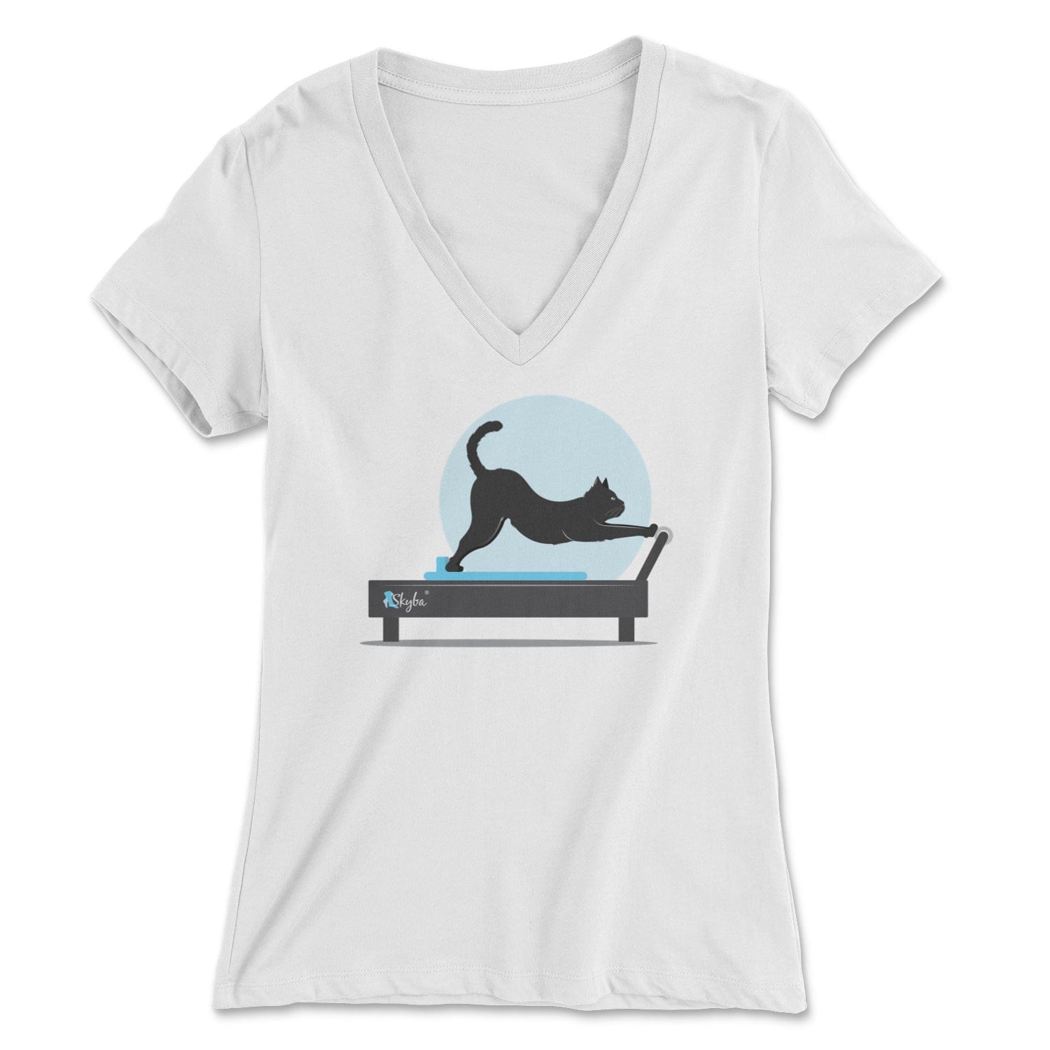 Stretching Cat on the Reformer - Women's V-Neck Tee Skyba Print Material