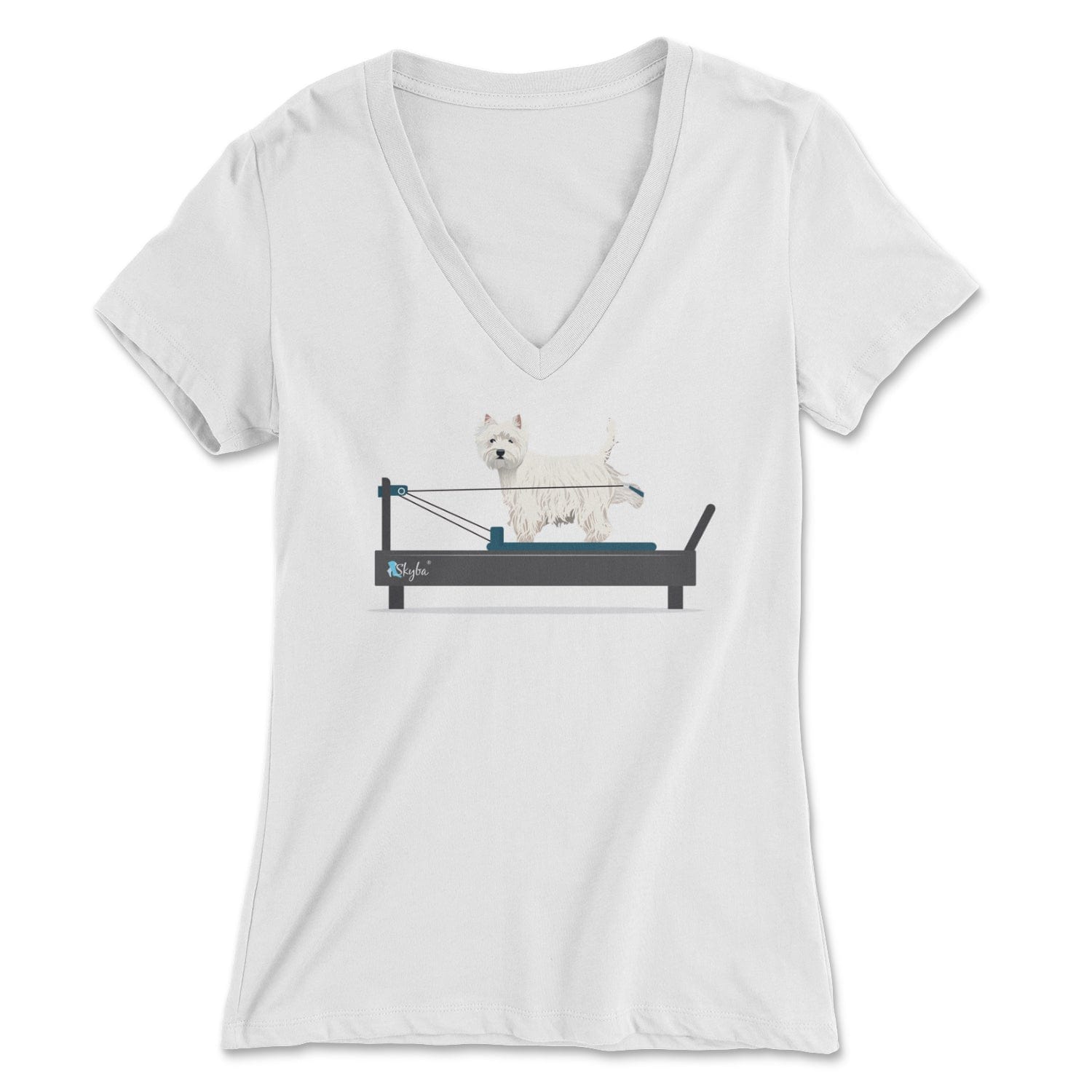 Westie on the Reformer - Women's V-Neck Tee Skyba Print Material