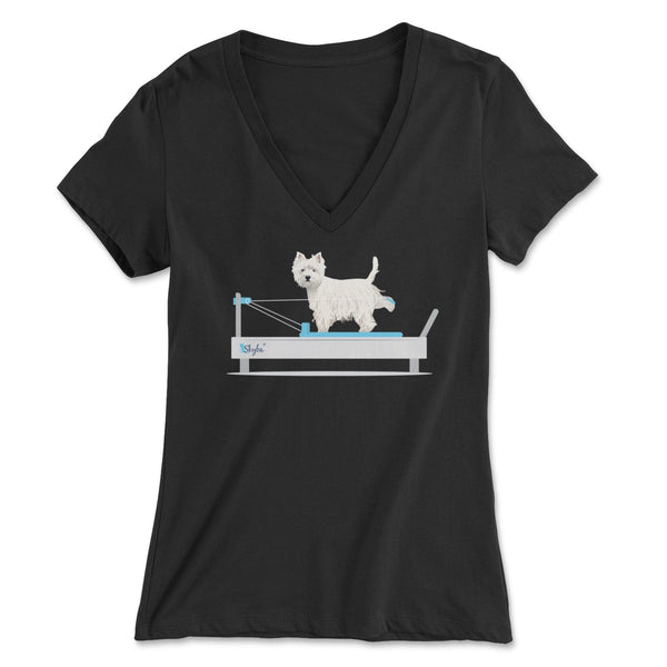 Westie on the Reformer - Women's V-Neck Tee Skyba Print Material